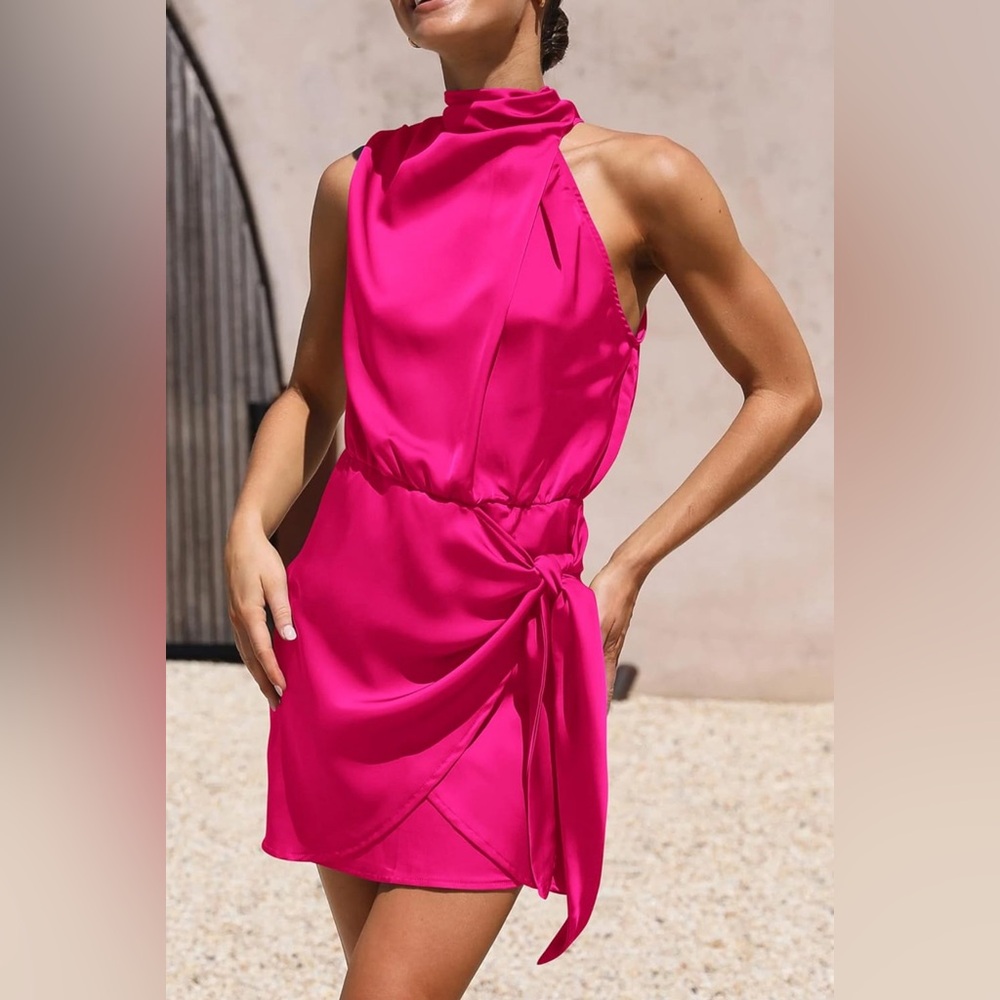 PRETTYGARDEN Short Formal Satin Sleeveless Mock Neck Tie Waist Party Dress